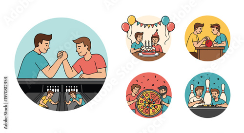 Group of friends enjoying leisure activities together including arm wrestling, birthday parties, eating pizza, and playing bowling games.