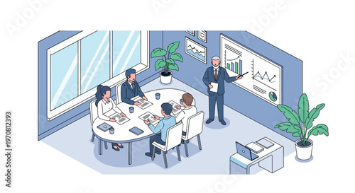 Professional business presentation in a modern boardroom where a leader uses a whiteboard with charts to explain data to seated colleagues.