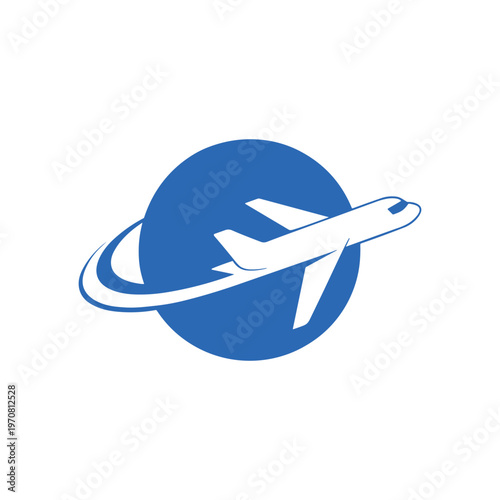 Airplane flying around a blue planet