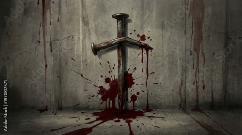 Rusty metal nails forming a cross shape with dripping on concrete wall desi