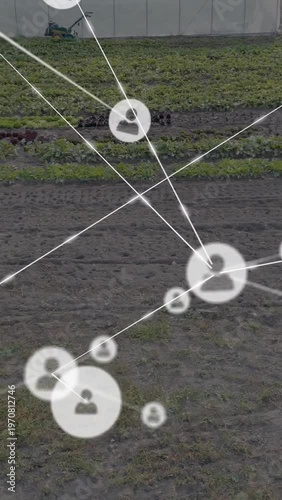Vertical video: Farming user node network growing from sensor ping, monitoring greenhouse and crops