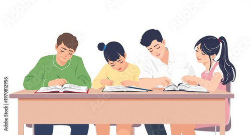 A group of teenage students and their woman teacher sit together at desks in a college classroom, reading books and writing while studying for a school exam