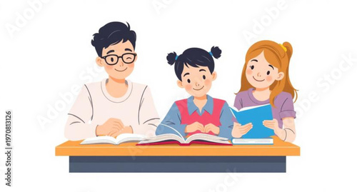 A smiling schoolboy and schoolgirl in uniform are reading books and studying in a classroom, representing a vector illustration of children learning and education in a cartoon clipart style