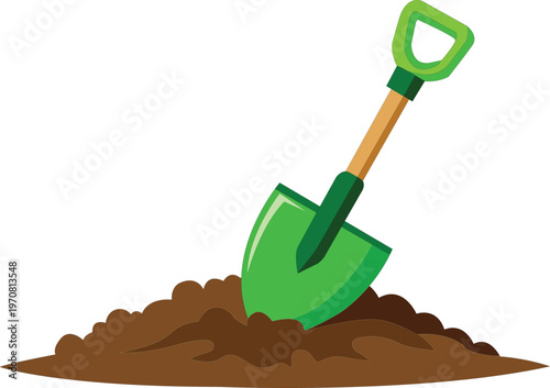 Green shovel stuck in a pile of brown dirt on white background