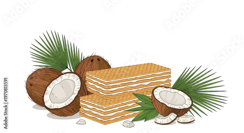 Delicious wafer biscuits with coconut cream filling are displayed alongside fresh brown coconuts and green palm leaves on a white background.