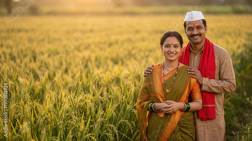Happy Indian Farmer Couple in Golden Rice Field at Sunset