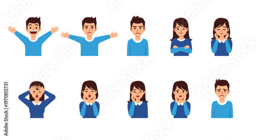 Set of various human emotions and facial expressions depicted through a man and woman showing happiness, sadness, anger, and surprise.