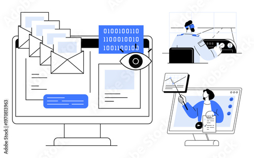 Cybersecurity concept. Cybersecurity ensures digital communication protection and secure data monitoring. Cybersecurity safeguards privacy, prevents cyberattacks, and supports data analysis. Use in