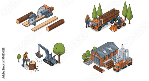 Timber industry operations include logging in a forest, transporting logs on a truck, and processing wood at a sawmill with heavy machinery.
