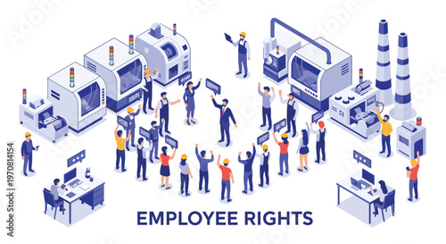 Industrial workers protest for employee rights in a factory setting while a manager addresses the group gathered near heavy machinery units.