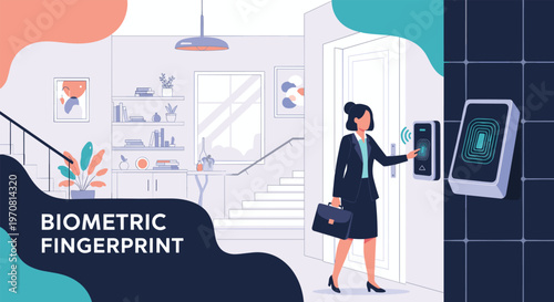 Secure office access using biometric fingerprint technology as a businesswoman scans her hand at a digital reader near a modern glass door.