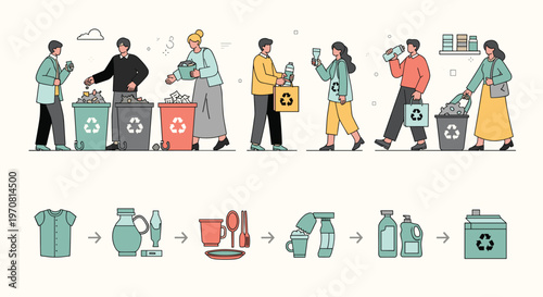 Effective waste management and recycling process shows people sorting different materials into color coded bins to protect the environment.