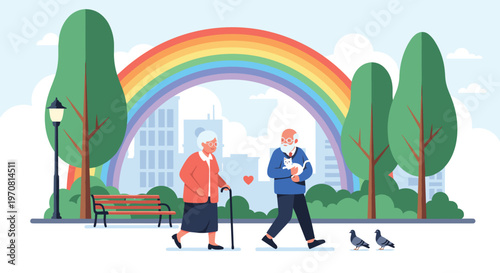 Happy elderly couple walks together through a city park under a beautiful bright rainbow while the man carries a white cat in his arms.