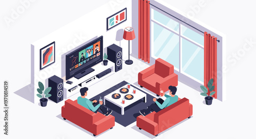 Two friends relax on red sofas in a modern living room while watching movies on a large screen and enjoying snacks on a central coffee table.