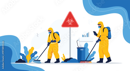 Specialized cleaning crew in full protective gear works to sanitize a public space near a biohazard sign to ensure safety from contaminants.
