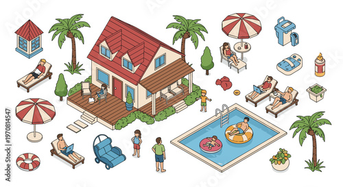 Summer vacation house with a swimming pool features people sunbathing on loungers, children playing, and palm trees surrounding the property.