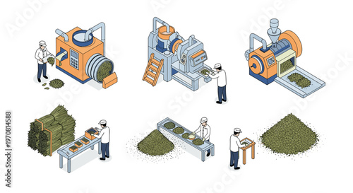 Tea production and processing line includes workers monitoring machinery that sorts, dries, and packages loose tea leaves in a factory.