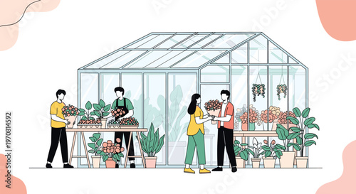 Garden center and greenhouse scene where workers tend to plants and customers purchase beautiful flower bouquets in a bright glass building.