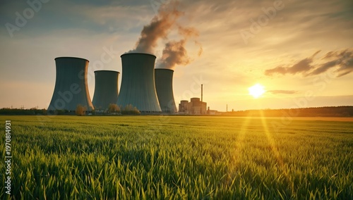 A nuclear power plant emits steam at sunset behind a green field under a partly cloudy sky.