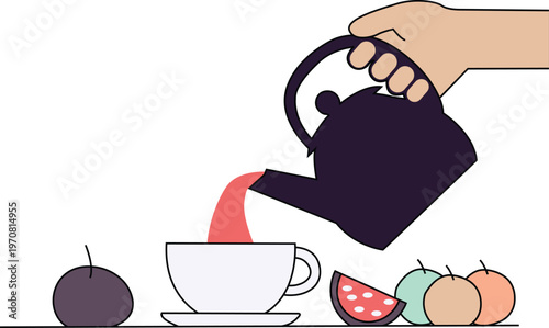 Hand pouring juice from kettle into cup with fruit on table