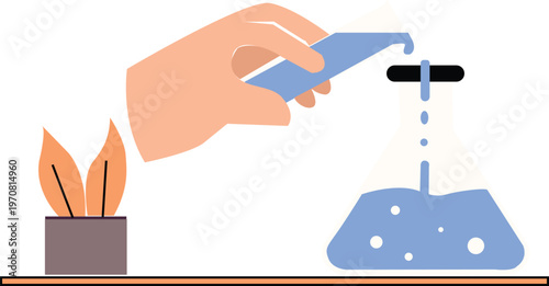 Hand pouring liquid from beaker into flask on table next to burning candle