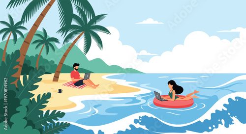 Freelance digital nomads work on laptops at a tropical beach with a man on the sand and a woman floating on an inflatable ring in the sea.