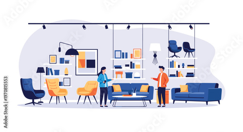 Customers explore a modern interior design showroom featuring various stylish sofas, armchairs, lamps, and shelving unit displays.