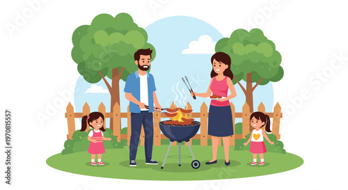 Happy family gathers for a backyard barbecue where the father grills sausages while the mother and children wait for a summer meal.