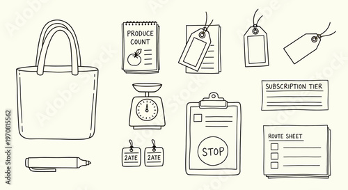 Hand drawn sketch collection of various shopping bags price tags and cosmetic containers isolated on transparent background