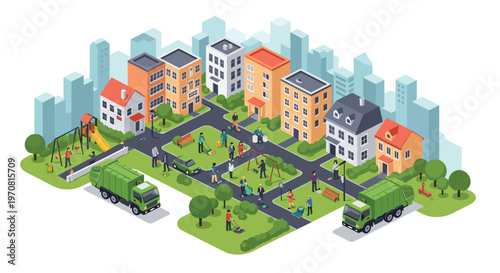 Neighborhood residents participate in a community cleanup day by picking up trash and mowing lawns while garbage trucks collect waste.