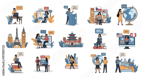 Educational set of icons depicts international travel, foreign language learning, global landmarks, and multicultural communication.
