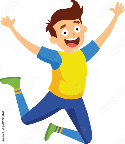Happy cartoon boy jumping up in the air with arms raised high in excitement