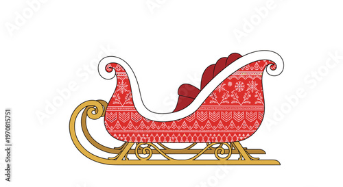 Decorative red Christmas sleigh with ornate golden runners and festive white patterns is shown as an isolated graphic on white.