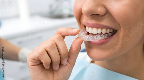 Close up of woman applying clear dental aligners on teeth, invisible braces orthodontic treatment for perfect smile, modern dental care concept with oral hygiene and cosmetic dentistry