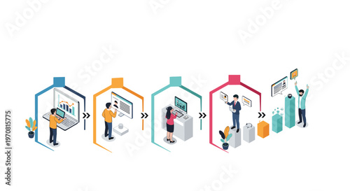 Career progression diagram shows an isometric journey from data analysis and skill development to ultimate success and celebration.