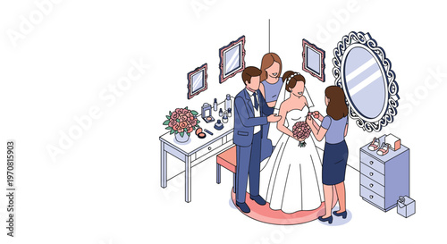Isometric wedding preparation scene shows a bride in a white dress receiving help from friends and the groom in a bridal suite.
