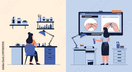 Manicure education concept shows a woman performing nail care while another watches a digital video tutorial on a large screen.