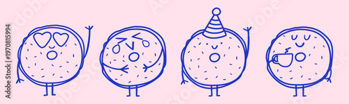 Cute Bagel Characters. Outline Vector design. Collection On Pink Background.