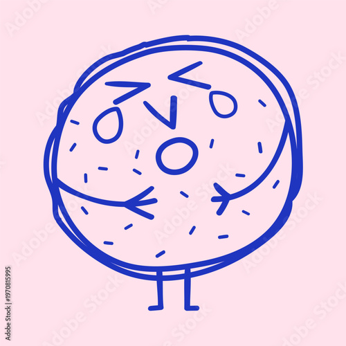 Laughing Bagel Character Crying Tears of Joy. Outline Hand Drawn Vector Illustration.