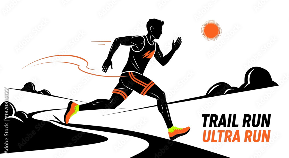 Fototapeta premium Silhouette Of Marathon Runner During Ultra Trail Run In Orange And Black With Text