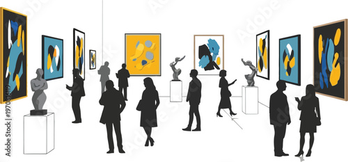 Modern Art Gallery Interior - People Viewing Abstract Paintings and Sculptures Illustration