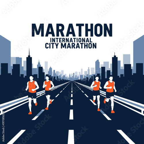 Silhouette Of Runners Competing In An International City Marathon Along A Long Paved Road