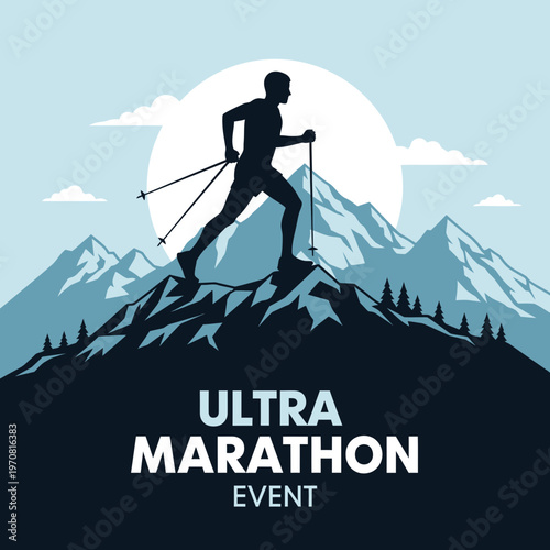 Silhouette Of Ultra Marathon Runner Traversing Rugged Terrain During Event With Stunning Scenery