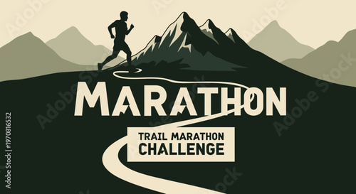 Silhouette Runner Conquering Mountain Trail Marathon Challenge, Illustrated Vector Design