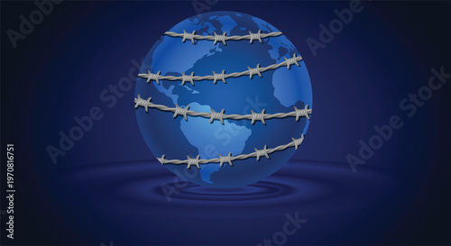 Global restriction concept earth wrapped with barbed wire symbolizing conflict and control vector poster