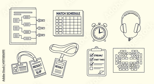 Sketch of various office supplies isolated on transparent background including stapler clock and notepads