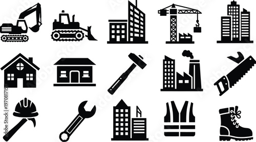 Construction and building industry black silhouette icons set with heavy machinery tools and architecture symbols on white background