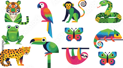 Colorful Geometric Wildlife Animal Set with Tiger Parrot Monkey Snake Frog Leopard