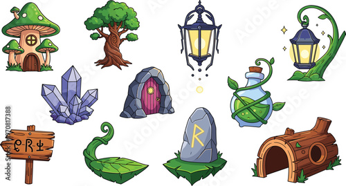 Fantasy Forest Elements Set with Tree Mushrooms Lantern Crystals Magic Objects