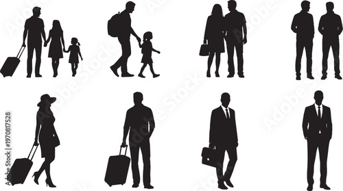 Black silhouette set of traveling family with luggage, walking couple, and business men with suitcase, isolated on white background vector.